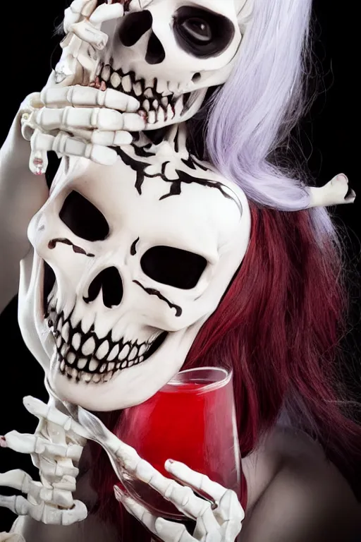 Image similar to beautiful lady skeleton drinking from a blood filled goblet, cosplay, studio lighting