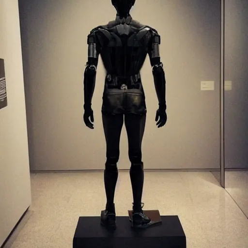 Image similar to “a realistic detailed photo of a guy who is an attractive humanoid who is half robot and half humanoid, who is a male android, actor Liam Hemsworth, shiny skin, posing like a statue, blank stare, at the museum, on display”