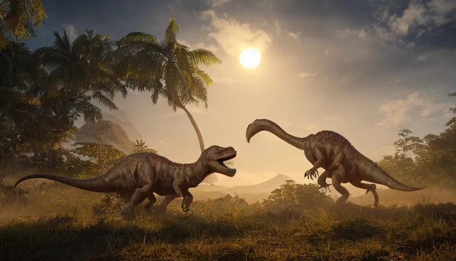 Image similar to hyper realistic highly detailed nature photography of a dinosaur, prehistoric planet, volumetric lighting, octane render, 4 k resolution, golden hour