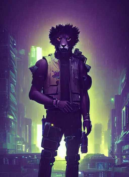 Prompt: beautiful portrait commission of a male furry anthro lion wearing a bullet proof vest and cargo pants. Cyberpunk city at night in the rain. Neon light. Atmospheric. Character design by charlie bowater, ross tran, artgerm, and makoto shinkai, detailed, inked, western comic book art