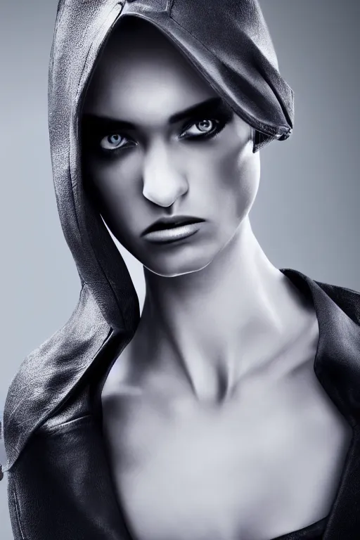 Image similar to very angry female drow envoked by hugo boss for modeling in hugo boss clothes, luxury materials, symmetrical, cinematic, elegant, professional studio light, real dlsr photography, sharp focus, 4 k, ultra hd, sense of awe, high fashion