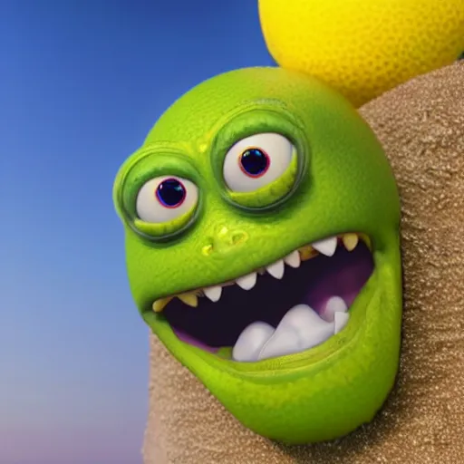 Image similar to 3 d render, of anthropomorphic lemon character that looks like a monster from the movie monsters inc, with lemon skin texture, he is wearing a hat, building a sandcastle on the beach at sunset, beach, huge waves, sun, clouds, long violet and green trees, rim light, cinematic photography, professional, sand, sandcastle, volumetric lightening