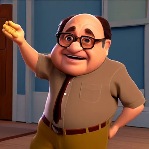 Image similar to a screenshot of Danny Devito as a 3D render animated Disney pixar animation character in Up (2009)