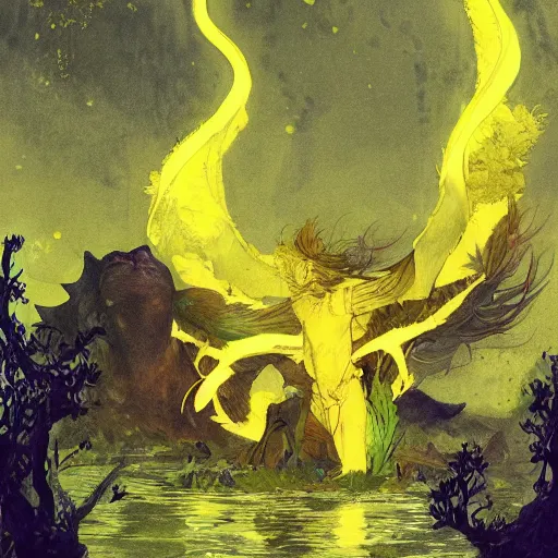 Image similar to ornate fluorescent yellow, fluorescent by margaret modlin, by walter ernest webster, by pascale campion. a photograph of hercules after he has completed one of his twelve labors, the killing of the hydra. he is standing over the dead hydra, covered in blood clutching a sword that slew the beast. his face is expressionless.