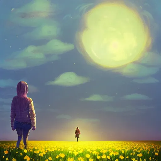 Image similar to giant daisy flower as a head, girl walking in flower field, surreal photography, moon light, dark night, dramatic, impressionist painting, clouds, digital painting, artstation, simon stalenhag