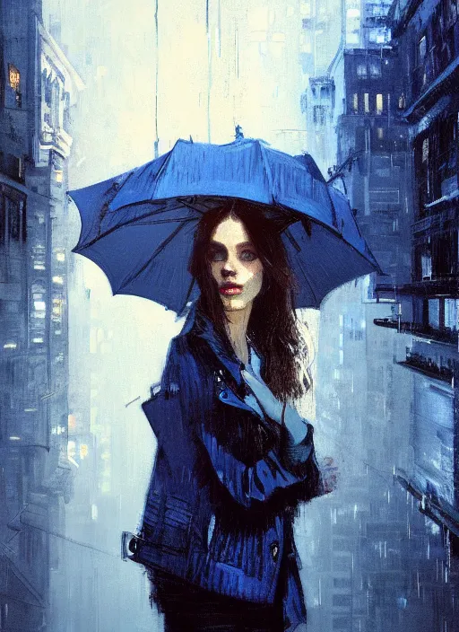 Prompt: portrait of beautiful girl, new york, rain, shades of blue and grey, beautiful face, rule of thirds, intricate outfit, spotlight, by greg rutkowski, by jeremy mann, by francoise nielly, by van gogh, digital painting