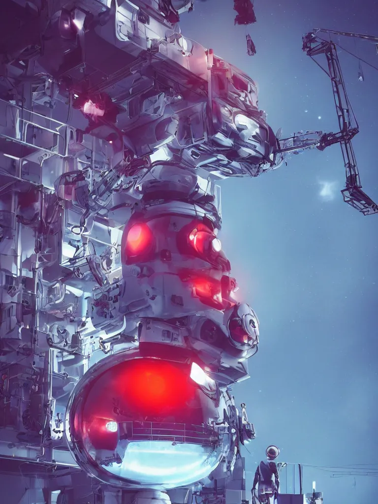 Image similar to graphic art of dystopian futuristic 1 0 mechanic surgeons in space suits, operate on a huge mouse head held by a crane. ominous glowing red netflix sign in the background, trending on art station, beeple