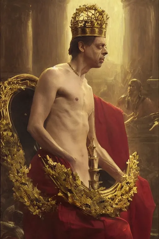 Image similar to beautiful oil painting, steve buscemi in royal crimson robes enthroned as the god emperor of ancient rome a golden wreath upon his head, by anders zorn, wonderful masterpiece by greg rutkowski, beautiful cinematic light, american romanticism, by thomas lawrence, greg rutkowski