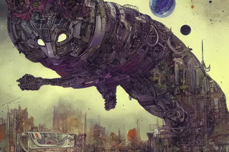 Prompt: gigantic futuristic cat floating in the space, a lot of exotic plants, trees, flowers, vintage sci - fi, newspaper grainy colors, flat surreal grainy design, super - detailed, painting by enki bilal and moebius, hd, 4 k, high quality