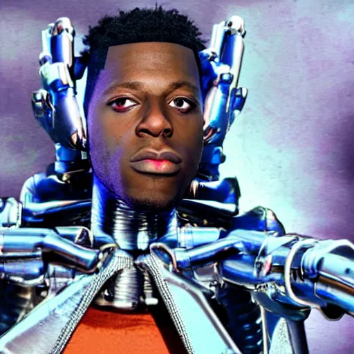 Image similar to a cinematic film still of rapper unotheactivist as a cybernetic cyborg, cgi, surrealism, film photography