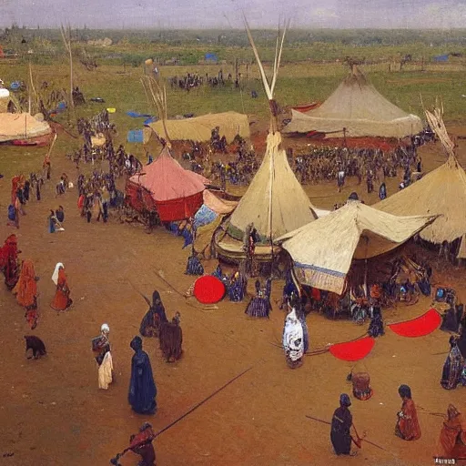 Prompt: dahomey officials with flat colorful umbrellas gather nearby tall red teepee in ahomey's huge main square, from above, 1905, highly detailed, oil on canvas, by ilya repin