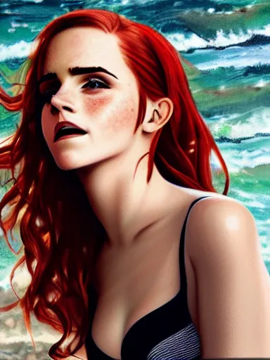 Prompt: highly detailed Red-haired beauty Emma Watson in a bikini , mid-shot ,pixiv , digital Art