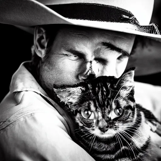 Image similar to close - up photograph of a cowboy holding a cat, black and white, detailed, 8 k, grain, dramatic backlighting