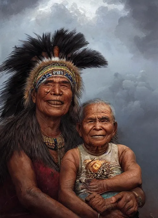 Image similar to portrait of an indigenous amazonian grandfather and grandmother in the clouds, smiling, protection, benevolence, ancestors, detailed faces, art by greg rutkowski