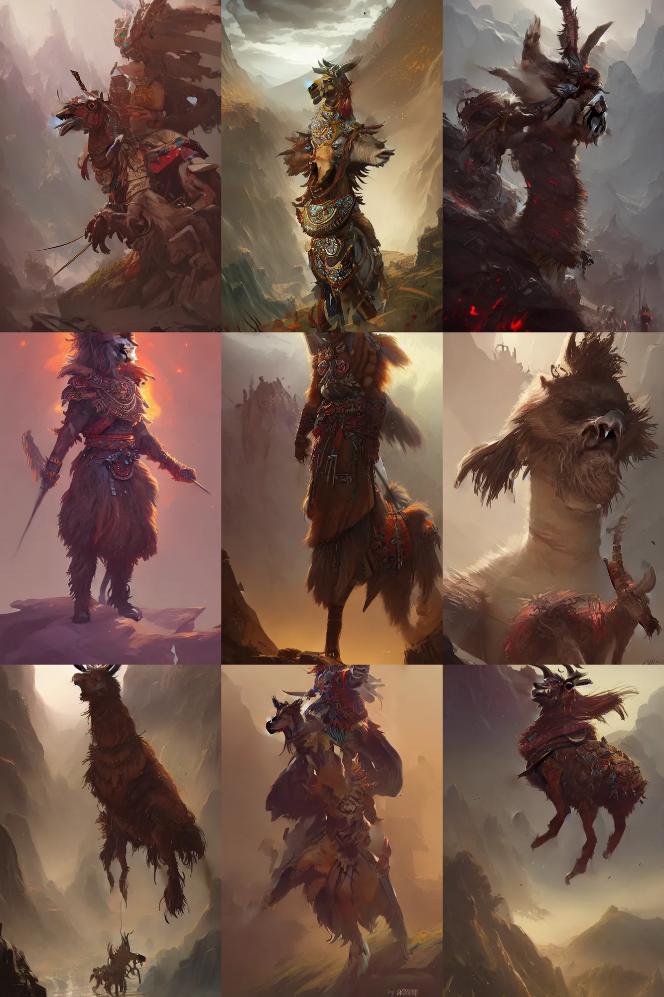 Image similar to Hyperdetailed masterpiece concept art of Llama warrior of the Incas hyperdetailed concept art by Greg Rutkowski and Ross Tran, high quality DnD illustration, trending on ArtStation, all rights reserved Wizards of the Coast.