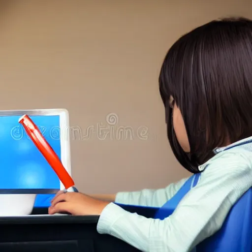 Image similar to child impatiently checks out exam results on a computer screen, stock photo, detailed, hd