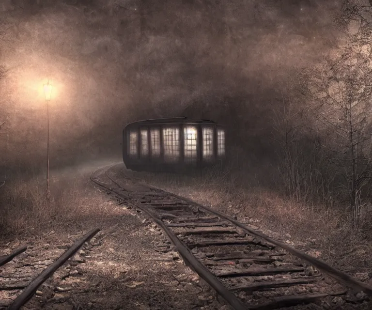 Prompt: magical ghost train, high res, photorealistic, dark atmosphere, dark fantasy, gloomy tracks, bright lights, forestry