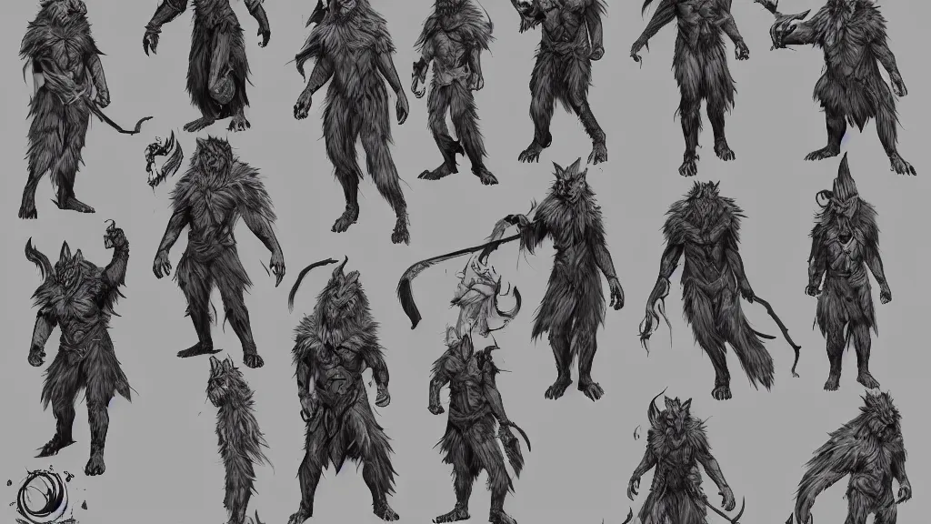 Image similar to a fantasy werewolf berserker character design sheet, trending on artstation