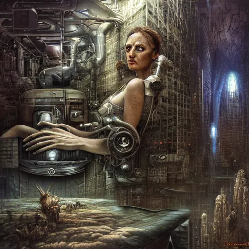 Prompt: Ghost in the machine by Tomasz Alen Kopera and salvator dali, cyberpunk, impressive perspective, masterpiece