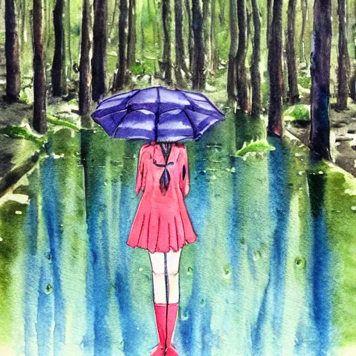 Prompt: a anime girl looking into her own reflection in a puddle of water, she is in a raining forest, watercolor painting