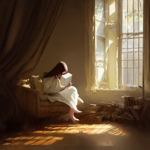 Image similar to a girl reading a book, her hair flowing down, by omar ortiz, carl spitzweg, ismail inceoglu, vdragan bibin, hans thoma, greg rutkowski, wayne forrest, krzysztof lukasiewicz, perfect face, fine details, centered, rule of thirds, photorealistic shading