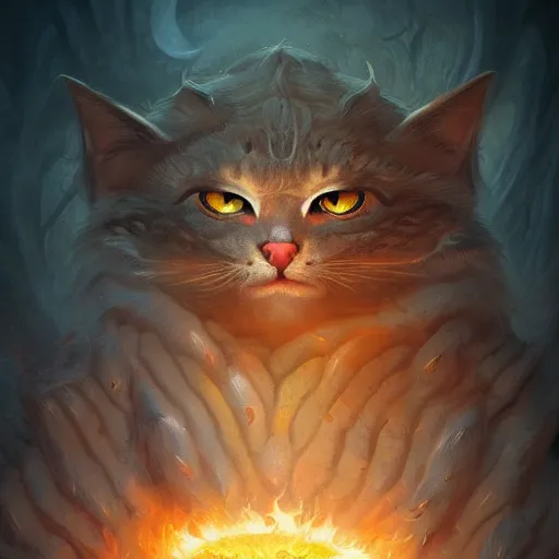 Image similar to anthropomorphic druidic cat in a vortex of flame, 8k resolution matte fantasy painting, cinematic lighting, DeviantArt Artstation, Jason Felix Steve Argyle Tyler Jacobson Peter Mohrbacher