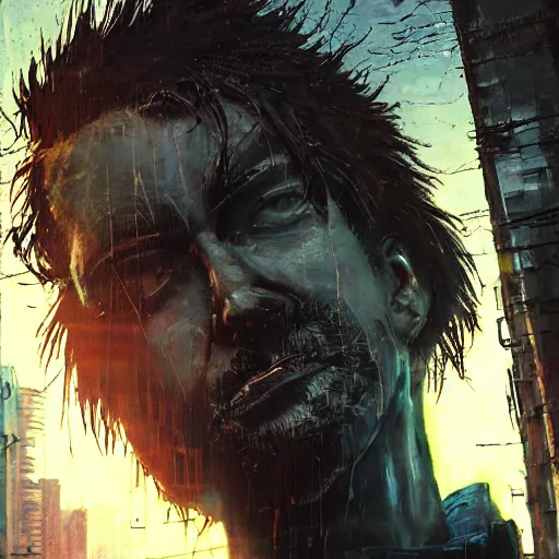 Image similar to cyberpunk, closeup portrait of a shaggy old cyberpunk fence, crooked teeth, bald, tired eyes, tattered tweed jacket, dramatic light, city background, sunset, dystopian setting, high contrast, sharp, neuromancer, the finn, painted by stanley lau, painted by greg rutkowski, painted by stanley artgerm, digital art, trending on artstation