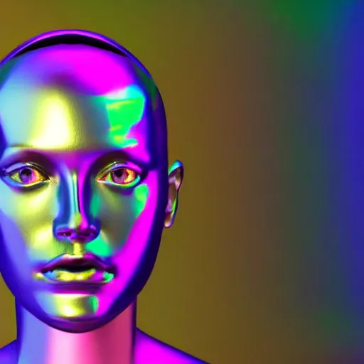 Image similar to 3d render of holographic human robotic head made of glossy iridescent, surrealistic 3d illustration of a human face non-binary, non binary model, 3d model human, cryengine, made of holographic texture, holographic material, holographic rainbow, concept of cyborg and artificial intelligence