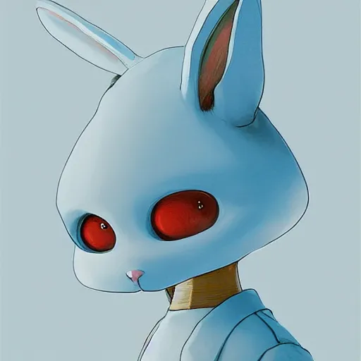 Image similar to artstation, by hayao myazaki, concept art, digital art, light blue, 2 - dimensional, 2 d, a rabbit robot