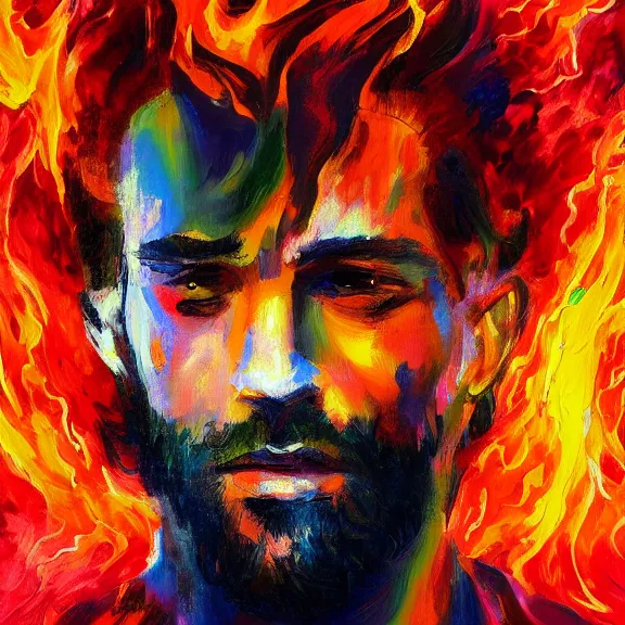 Prompt: abstract painting of man on fire. Handsome. Long hair. portrait. ArtStation. Impressionist. Psychedelic