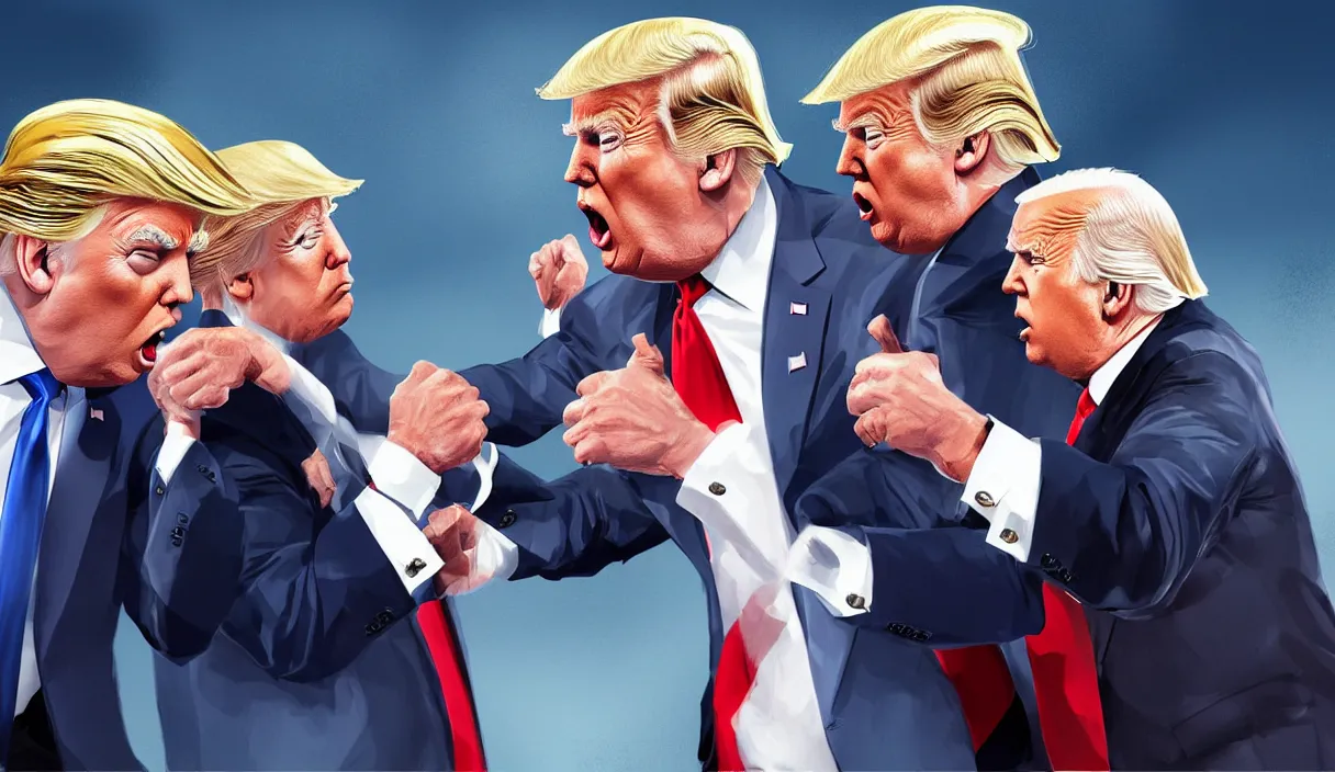 Image similar to donald trump and joe biden having a fist fight, sharp focus, matte painting, illustration, concept art,