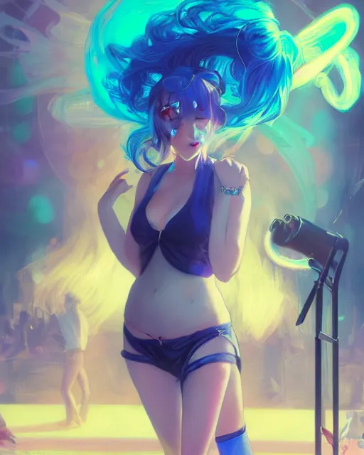 Image similar to pretty girl djing at a rave, blue hair, rem rezero, sharp focus, digital painting, 8 k, concept art, art by wlop, artgerm, greg rutkowski and alphonse mucha