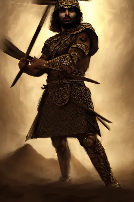 Image similar to portrait of a Persian Prince fighting at war, warrior, brutal battle, handsome prince, shaved face, no beard, attractive young man, heroic pose, persian style architecture, dramatic lighting, dark and horror, action and tragedy, dust and blood, intricate, wild, highly detailed, digital painting, artstation, concept art, smooth, sharp focus, illustration, art by artgerm and greg rutkowski and alphonse mucha, footage from space camera