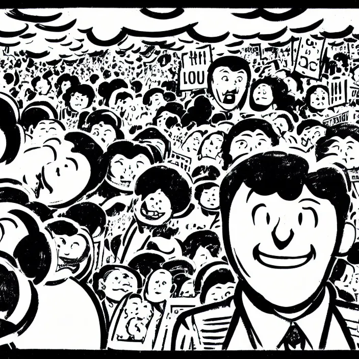 Image similar to a still frame from comic strip a scheme of the smiling cloud 1 9 5 0, herluf bidstrup, new yorker illustration, monochrome contrast bw, vector lineart graphics, manga, tadanori yokoo, simplified,