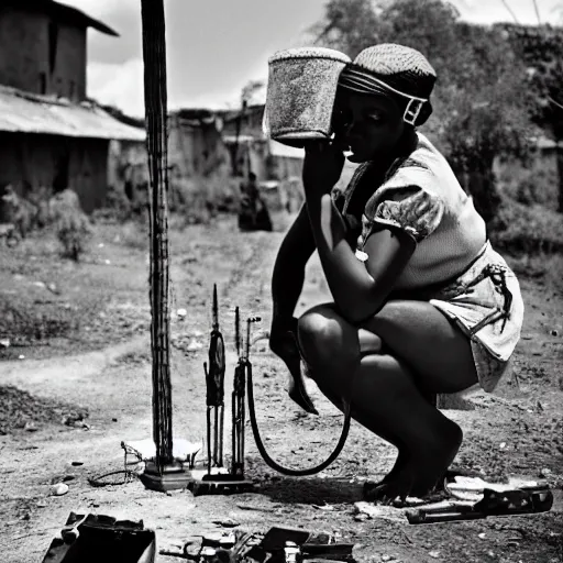 Image similar to photo of beautiful African woman inspecting laser gun, tools and junk on the ground,wires with lights, old village in the distance, vintage old photo, black and white, sepia