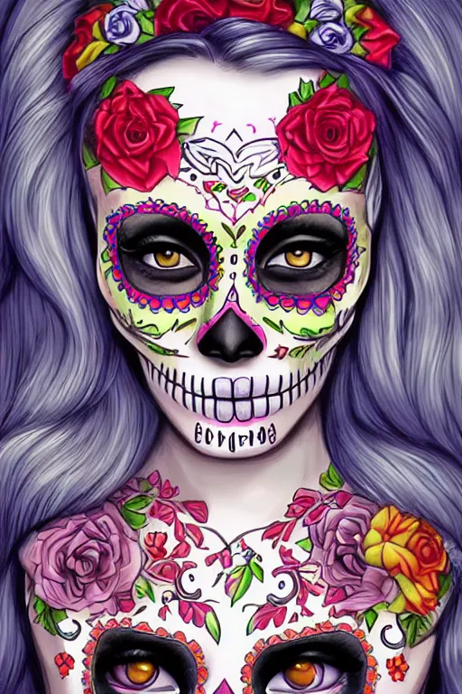 Prompt: illustration of a sugar skull day of the dead girl, art by Artgerm