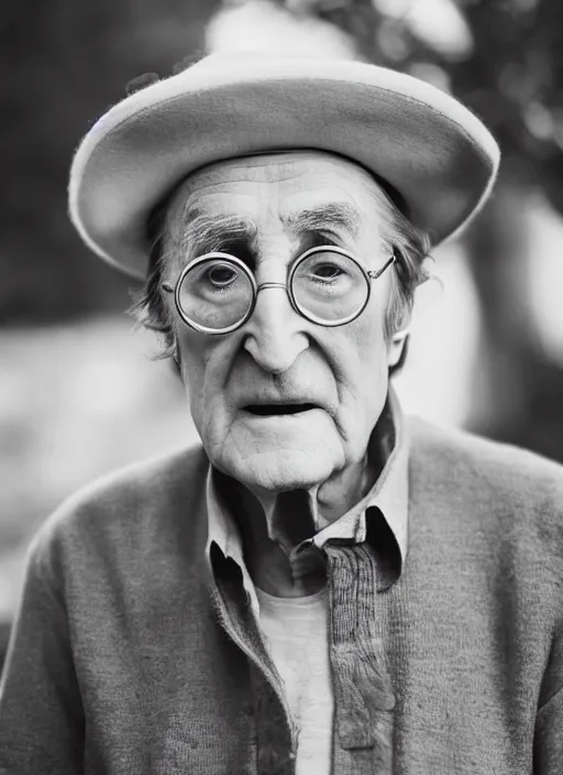 Image similar to DSLR photo portrait still of 81 year old age 81 John Lennon at age 81!!!, 85mm f1.8