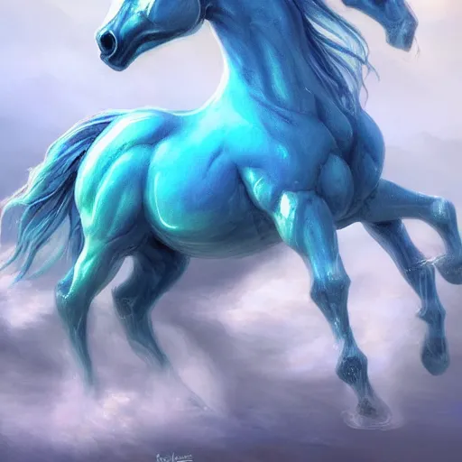 Image similar to a fantastical translucent small turquoise horse made of water, liquid, fluid and foam, ethereal, noble, radiant, hyperalism, scottish folklore, digital painting, artstation, concept art, smooth, 8 k frostbite 3 engine, ultra detailed, art by artgerm and greg rutkowski and magali villeneuve