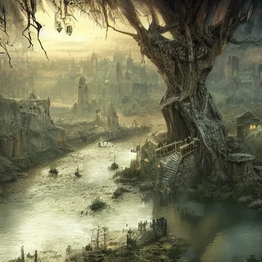 Prompt: town town town ancient hollow tree tree tree airborne airborne view of a downtrodden medieval town by a river in a swamp with a tall ancient hollow tree in its center, 4k, by Greg Rutkowski, fantasy, mix of celtic and Rus architecture, cinematic