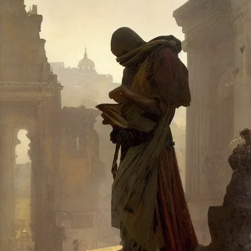 Image similar to half portait of monk wearing a closed cowl and big old book! chained to the wrist, jeremy mann, jean - leon gerome, tiepolo, alphonse mucha, greg rutkowski, face in the shadows, ( ( ruins of ancient rome ) ), at dusk, mysterious atmosphere, sunrays, dof, high detailed, 8 k