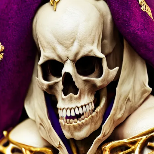 Prompt: photorealistic still portrait photograph of real - life ainz looking at the camera, overlord, regal purple gold robe, depth of field, soft focus, highly detailed, intricate, realistic, national geographic cover, textured detailed skeleton, professional archeological photograph