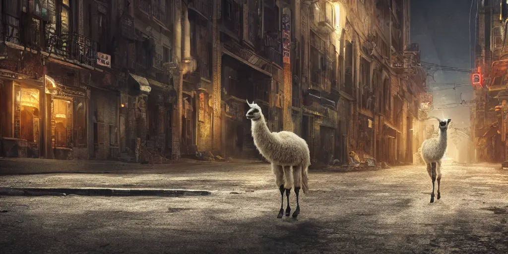 Image similar to a llama walking through a desolate city street at night, realistic 4 k octane beautifully detailed render, 4 k post - processing, highly detailed, intricate complexity, epic composition, magical atmosphere, cinematic lighting, masterpiece, ultra hd