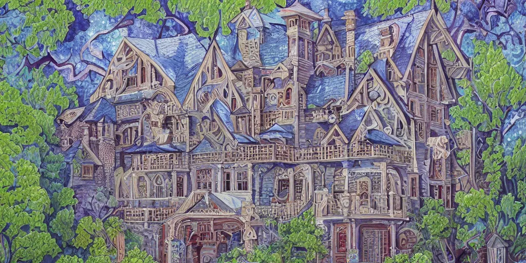 Image similar to Fractal mansion, detailed gouache painting