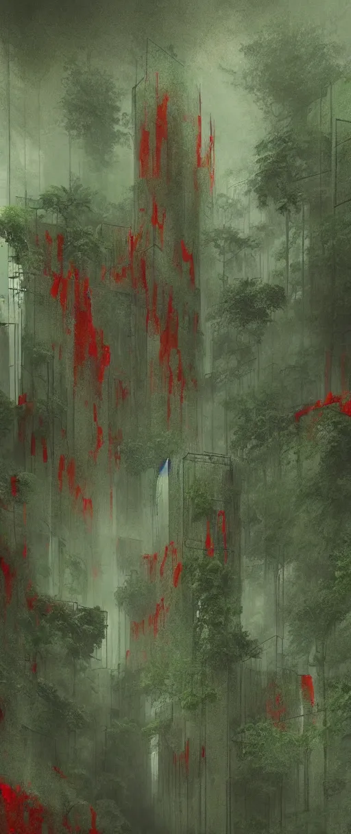 Image similar to brutalist architecture inspired by louis kahn deep in the rainforest. nature is taking over. matte painting by ivan laliashvili. concept art. color scheme green and red. mist. cinematic.