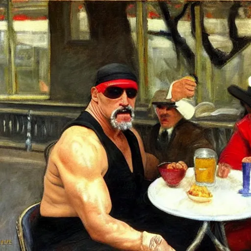 Prompt: painting of the wwf wrestler hulk hogan having lunch outside a parisian cafe with paul simon by emile friant