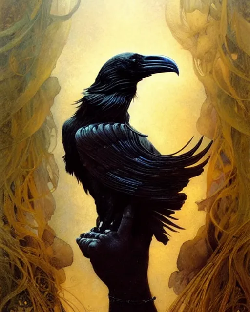 Image similar to goddess of ravens, unusual beauty, emotionally evoking symbolic metaphors, head in focus, fantasy, ornamental, intricate, elegant, sensual, highly detailed digital painting, artstation, concept art, painterly, golden ratio, sharp focus, illustration, art by Artem Demura and Rafael and Alphonse Mucha and Albert Aublet