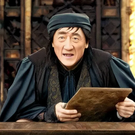 Image similar to Jackie Chan as Dumbledore giving a speech to the students