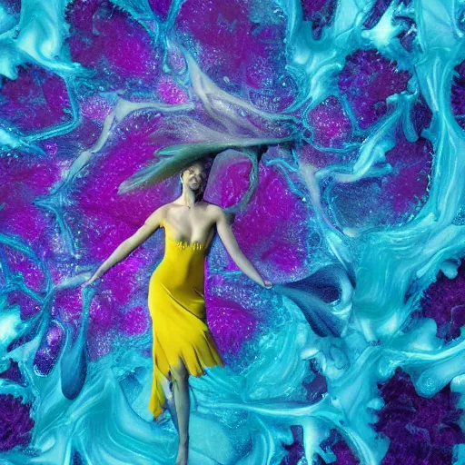 Prompt: woman dancing underwater on alien planet wearing a flowing dress made of blue, magenta, and yellow seaweed, delicate coral sea bottom, swirling silver fish, swirling smoke shapes, unreal engine, caustics lighting from above, cinematic