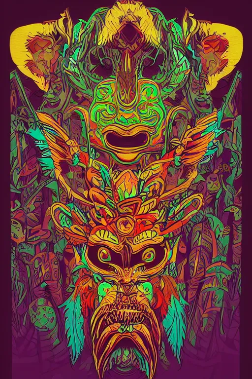 Image similar to animal mask totem roots flower tribal feather gemstone plant wood rock shaman vodoo video game vector cutout illustration vivid multicolor borderlands comics by josan gonzales and dan mumford radiating a glowing aura