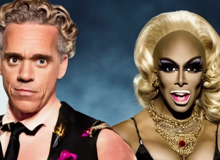 Image similar to broadcast still of jordan peterson in drag as a contestant of ru paul's drag race, 4 k